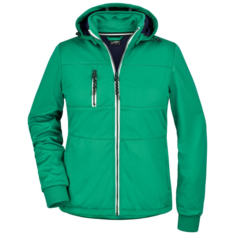 James & Nicholson Dámska športová softshellová bunda JN1077 - Írska zelená / tmavomodrá / biela | XXL
