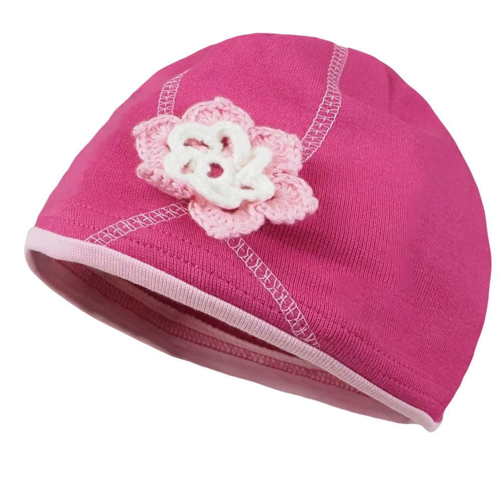 E-shop Pletex Detská čiapka s háčkovanou kvetinou # Tmavoružová-48