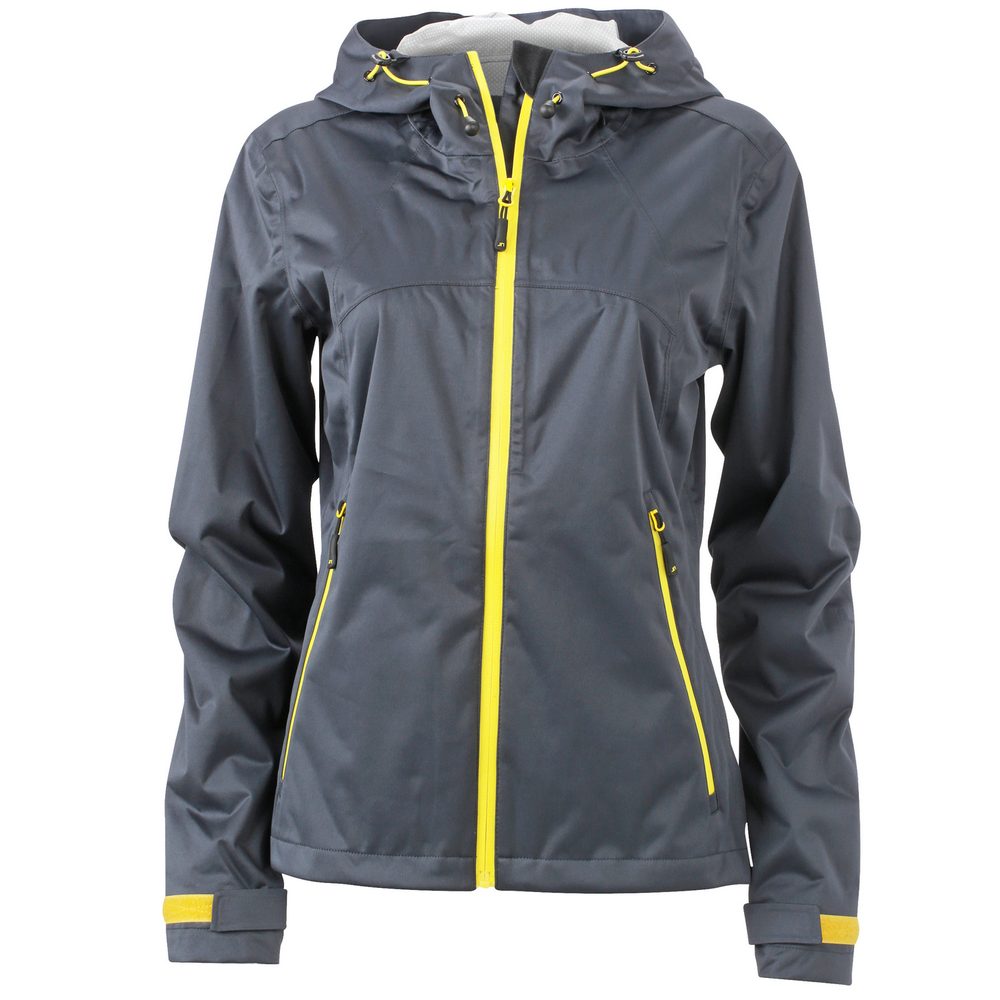 James & Nicholson Dámska softshellová bunda s kapucňou JN1097 - Oceľovo šedá / žltá | XL