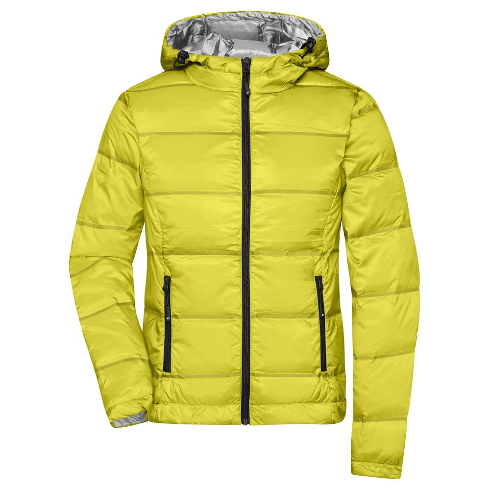 E-shop James & Nicholson Ľahká dámska páperová bunda s kapucňou JN1151 # Žltá / strieborná