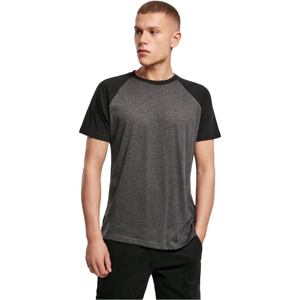 Build Your Brand Pánské dvoubarevné tričko s krátkým rukávem - Tmavě šedý melír / černá | L