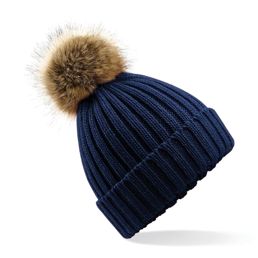 E-shop Beechfield Pletená čiapka s kožušinovým brmbolcom Pom Pom Chunky # Námornícka modrá