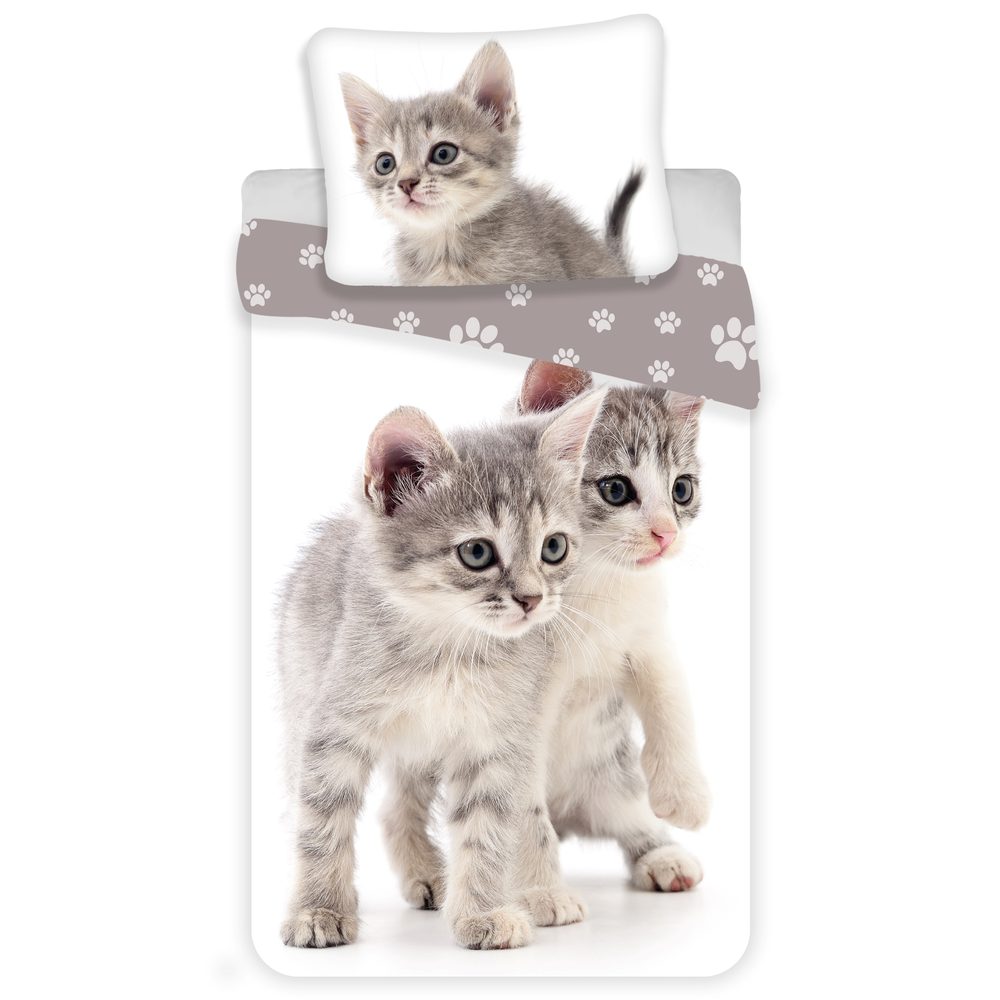 E-shop Jerry Fabrics Obliečky Mačky # Biela / šedá # 140 x 200 cm / 70 x 90 cm
