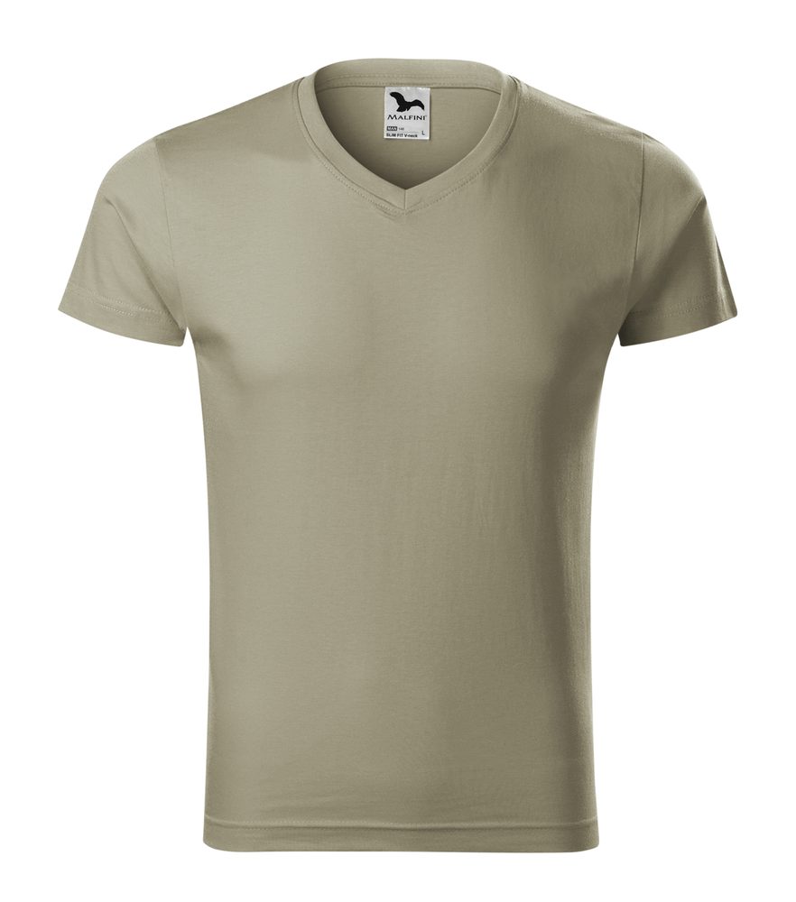 MALFINI Pánske tričko Slim Fit V-neck - Svetlá khaki | S