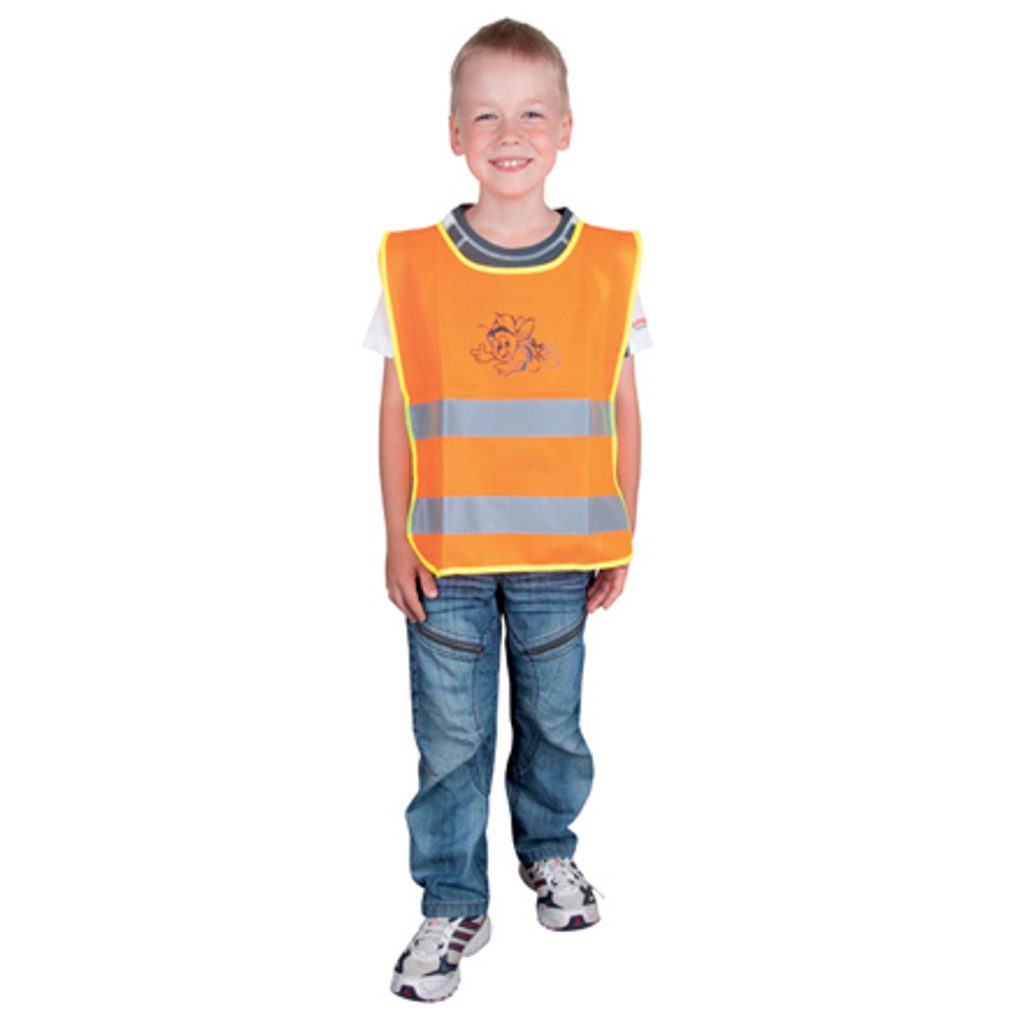 Kinder-Warnweste EN 1150 mit Kapuze orange oder gelb mit Wunschaufdruck in  reflex silber