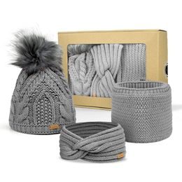 GESCHENKSET: DAMENMÜTZE MIT BOMMEL, STIRNBAND UND LOOP-SCHAL - MÜTZEN - CAPS UND MÜTZEN