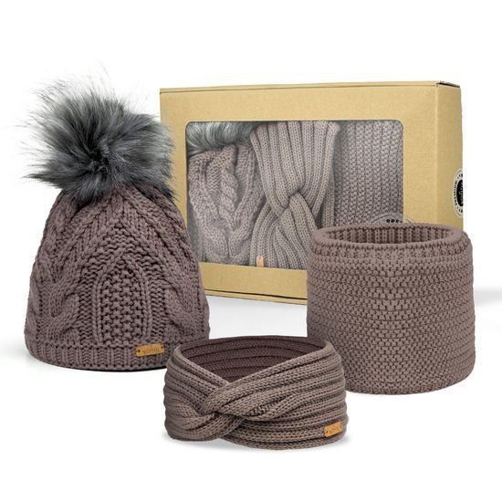 DARČEKOVÉ BALENIE: DÁMSKA ČIAPKA S BRMBOLCOM, ČELENKA A NÁKRČNÍK - KRUHOVÉ - ŠILTOVKY A ČIAPKY