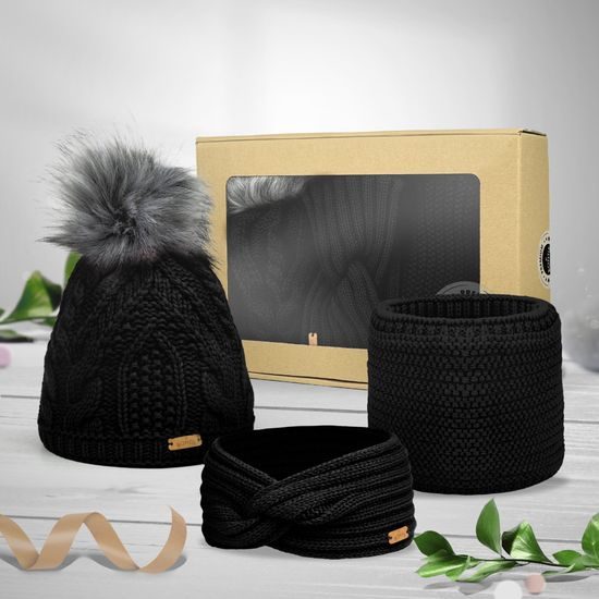 GESCHENKSET: DAMENMÜTZE MIT BOMMEL, STIRNBAND UND LOOP-SCHAL - GESCHENKSETS - SETS UND GESCHENKE