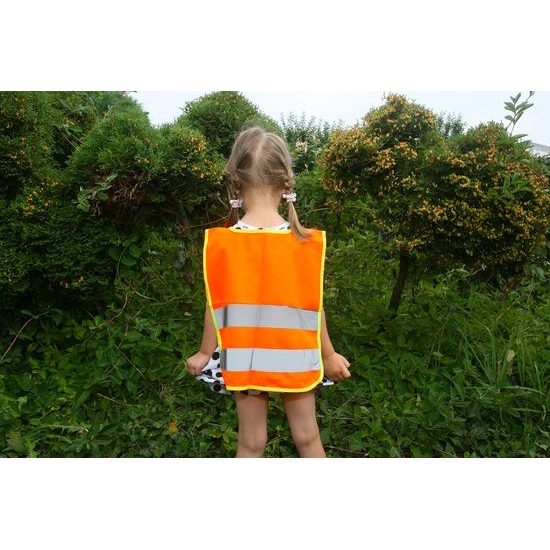 Kinder-Warnweste EN 1150 mit Kapuze orange oder gelb mit Wunschaufdruck in  reflex silber