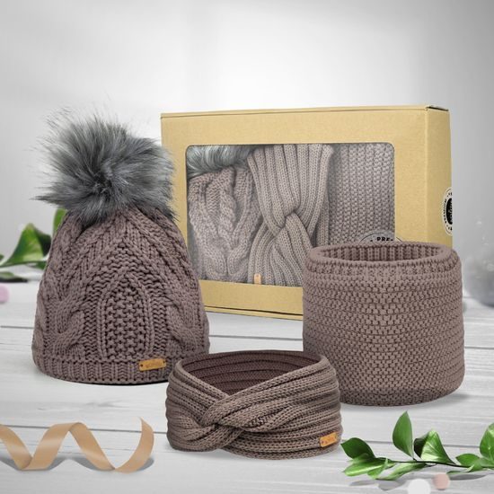 DARČEKOVÉ BALENIE: DÁMSKA ČIAPKA S BRMBOLCOM, ČELENKA A NÁKRČNÍK - KRUHOVÉ - ŠILTOVKY A ČIAPKY
