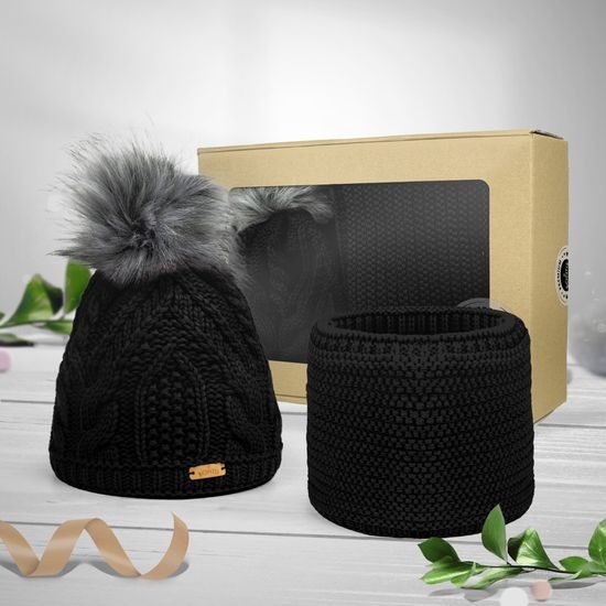 GESCHENKSET: DAMENMÜTZE MIT BOMMEL UND STRICKSCHAL - MÜTZEN - CAPS UND MÜTZEN