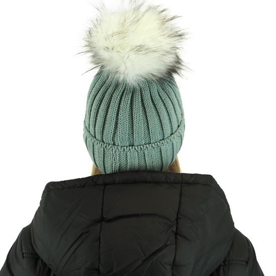 GERIPPTE DAMENMÜTZE MIT FELLBOMMEL - BOMMELMÜTZEN - CAPS UND MÜTZEN