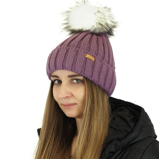 ŽEBROVANÁ DÁMSKÁ ČEPICE S KOŽEŠINOVOU BAMBULÍ - ČEPICE S BAMBULÍ - KŠILTOVKY A ČEPICE