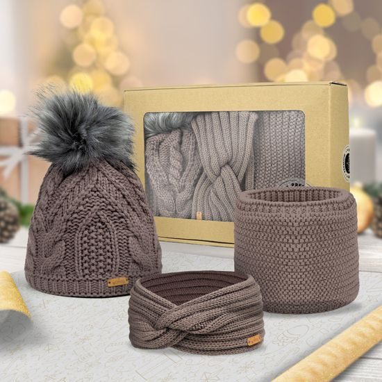 DARČEKOVÉ BALENIE: DÁMSKA ČIAPKA S BRMBOLCOM, ČELENKA A NÁKRČNÍK - KRUHOVÉ - ŠILTOVKY A ČIAPKY