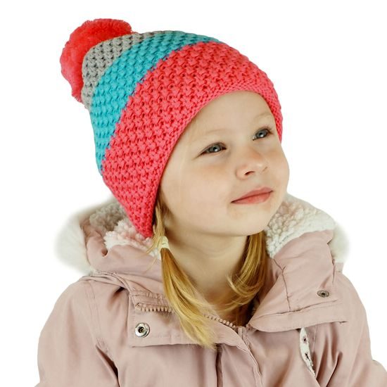 DĚTSKÁ TROJBAREVNÁ PLETENÁ ZIMNÍ ČEPICE S BAMBULÍ - DĚTSKÉ KŠILTOVKY A ČEPICE - DĚTSKÉ OBLEČENÍ