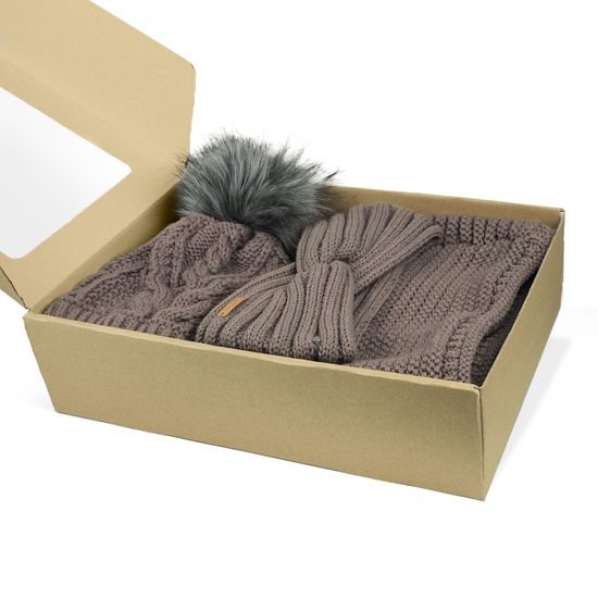 DARČEKOVÉ BALENIE: DÁMSKA ČIAPKA S BRMBOLCOM, ČELENKA A NÁKRČNÍK - KRUHOVÉ - ŠILTOVKY A ČIAPKY