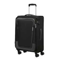 Stredne veľký rozšíriteľný textilný cestovný kufor Pulsonic od značky American Tourister na štyroch kolieskach vybavený TSA zámkom v hravom modernom dizajne.