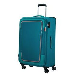 Velký rozšiřitelný textilní cestovní kufr Pulsonic od značky American Tourister na čtyřech kolečkách vybavený TSA zámkem v hravém moderním designu.