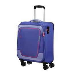 Příruční rozšiřitelný textilní cestovní kufr Pulsonic od značky American Tourister na čtyřech kolečkách vybavený TSA zámkem v hravém moderním designu.