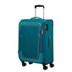 Středně velký rozšiřitelný textilní cestovní kufr Pulsonic od značky American Tourister na čtyřech kolečkách vybavený TSA zámkem v hravém moderním designu.