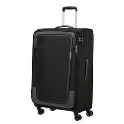 Velký rozšiřitelný textilní cestovní kufr Pulsonic od značky American Tourister na čtyřech kolečkách vybavený TSA zámkem v hravém moderním designu.