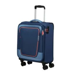Příruční rozšiřitelný textilní cestovní kufr Pulsonic od značky American Tourister na čtyřech kolečkách vybavený TSA zámkem v hravém moderním designu.