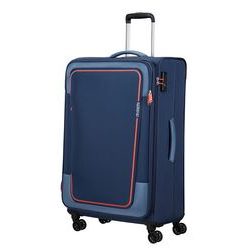 Velký rozšiřitelný textilní cestovní kufr Pulsonic od značky American Tourister na čtyřech kolečkách vybavený TSA zámkem v hravém moderním designu.