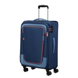 Středně velký rozšiřitelný textilní cestovní kufr Pulsonic od značky American Tourister na čtyřech kolečkách vybavený TSA zámkem v hravém moderním designu.