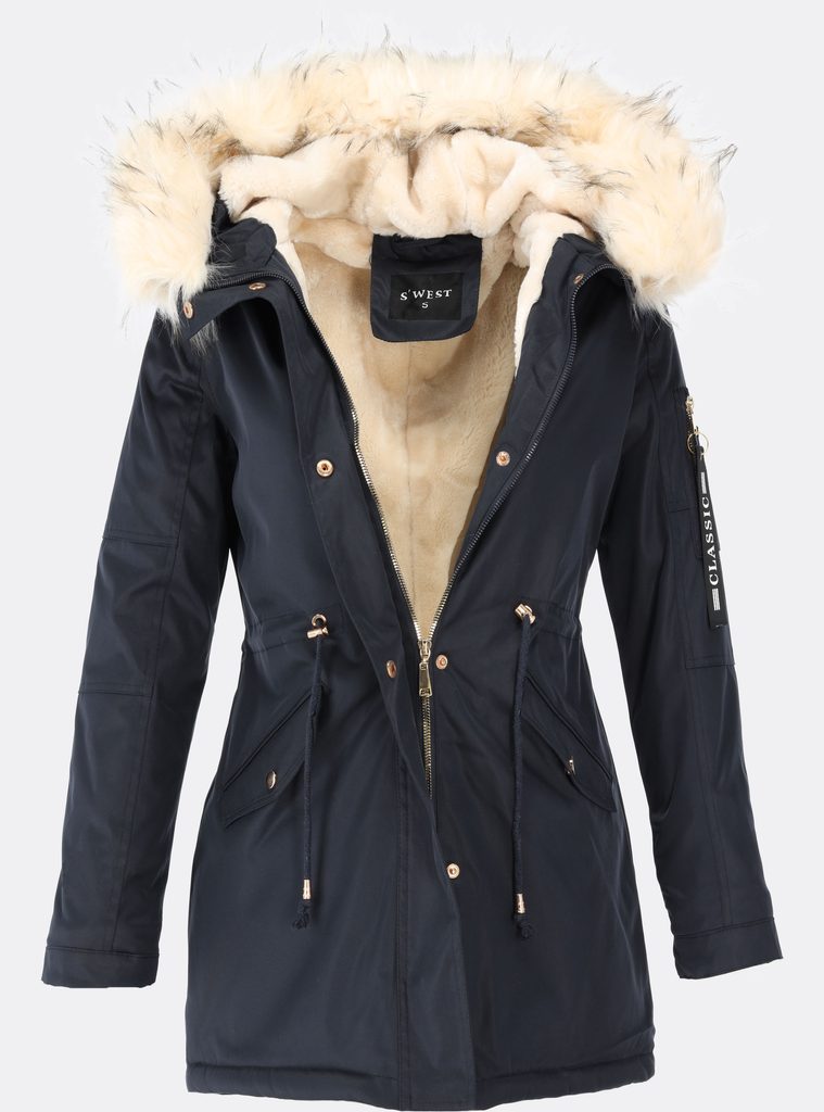 Dámská zimní bunda s kapucí tmavě modrá s bílou kožešinou - Zimní bundy -  MODOVO