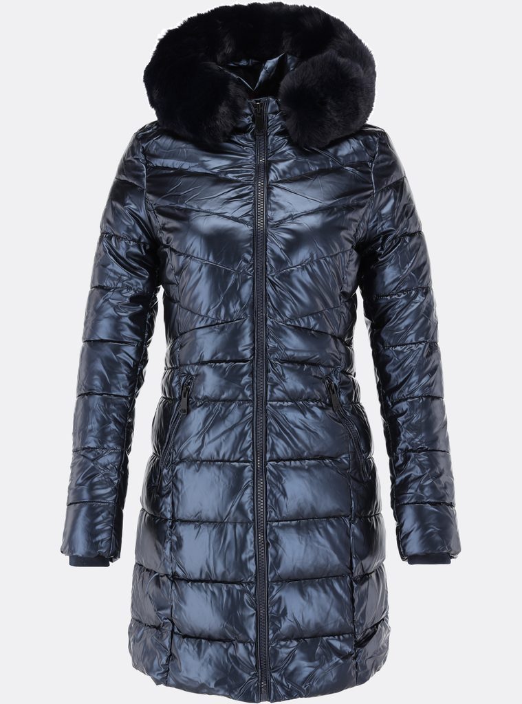 Dámska lesklá zimná bunda s kapucňou tmavomodrá - Zimné bundy - MODOVO