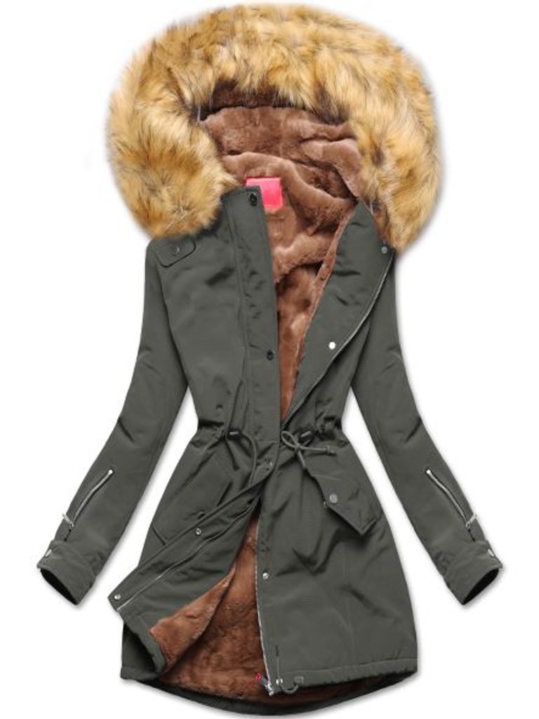 Dámská zimní bunda s kožešinou khaki - Zimní bundy - MODOVO