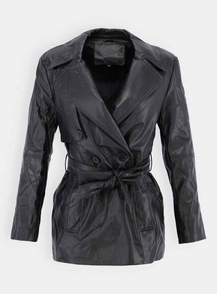 Dámska koženková bunda s opaskom čierna - Koženkové bundy - MODOVO