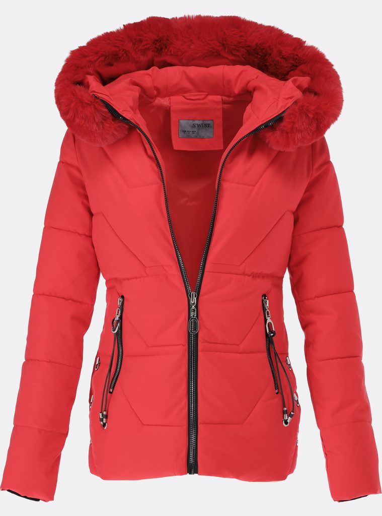 Dámská zimní bunda s kožešinou červená - Bundy - MODOVO