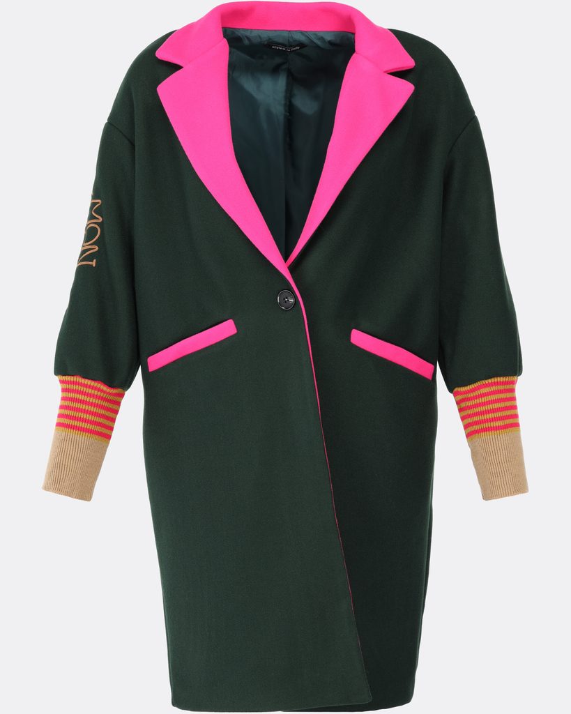 Stylový dámský kabát s výšivkou tmavě zeleno-růžový - Kabáty - MODOVO