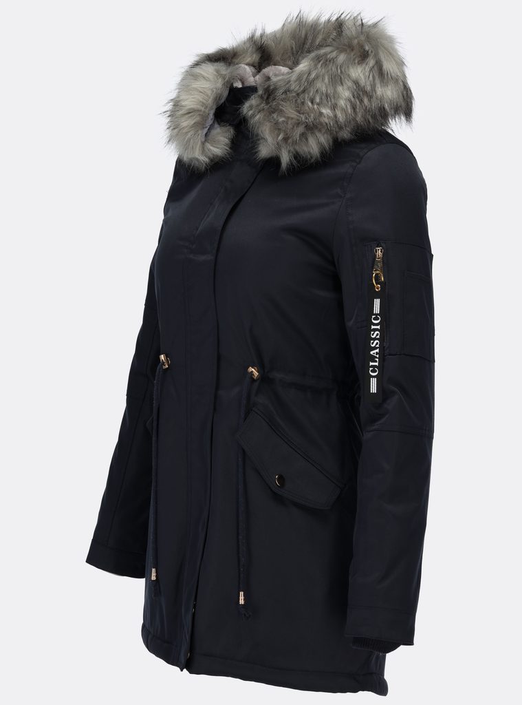 Dámská zimní bunda s kapucí tmavě modrá s šedou kožešinou - Zimní bundy -  MODOVO