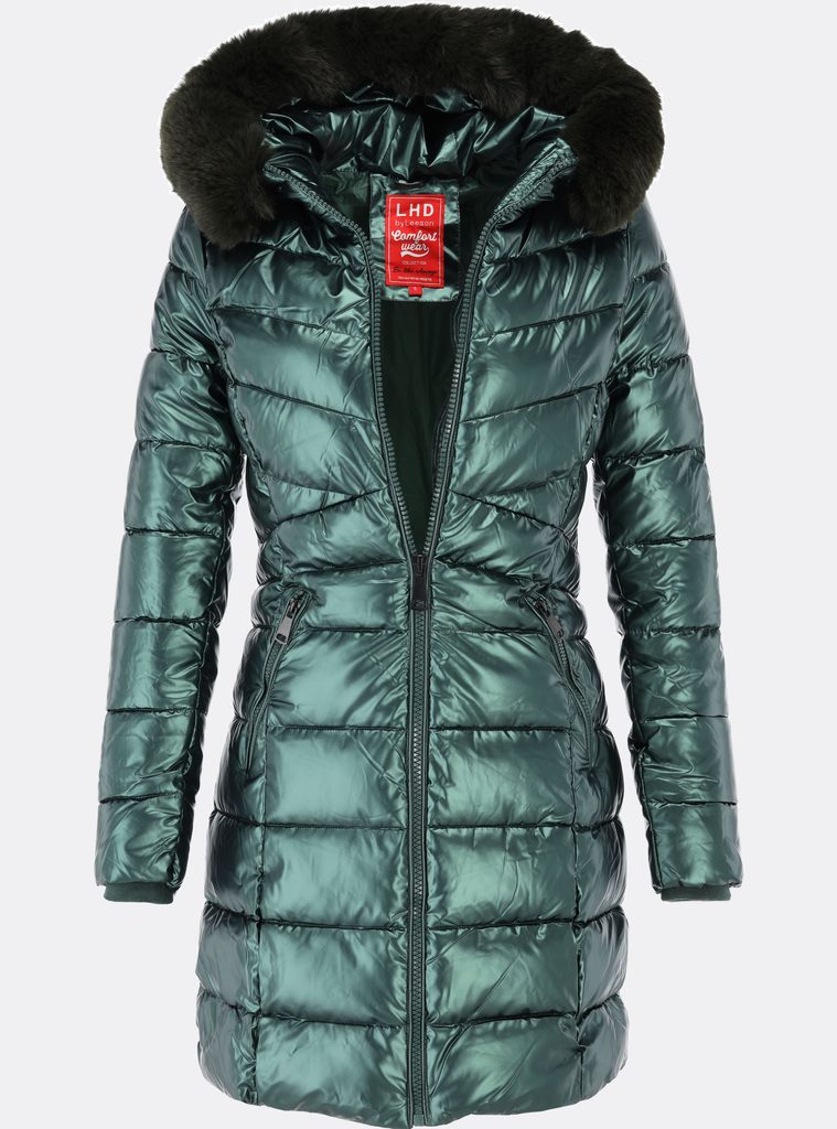 Dámská lesklá zimní bunda s kapucí zelená - Zimní bundy - MODOVO