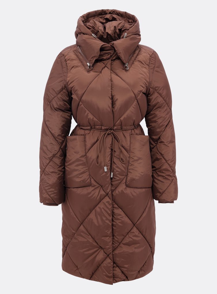 Dámska dlhá prešívaná bunda s kapucňou hnedá - Prešívané bundy - MODOVO