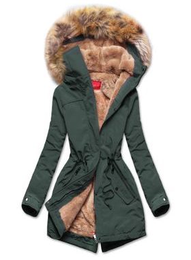 Dámska zimná bunda s kožušinou tmavozelená