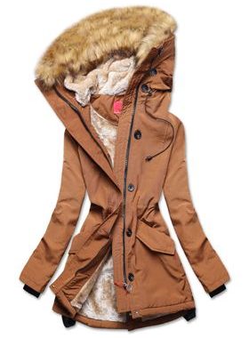 Dámska zimná bunda s kožusinou hnedá