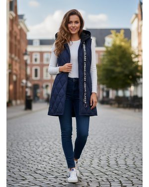 Dámska prešívaná vesta s kapucňou tmavomodrá