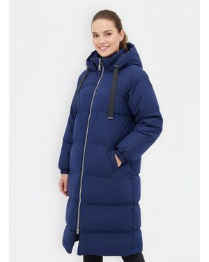 Dámska dlhá zimná bunda s kapucňou tmavomodrá