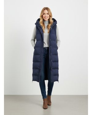 Dámska dlhá prešívaná vesta s kapucňou tmavomodrá
