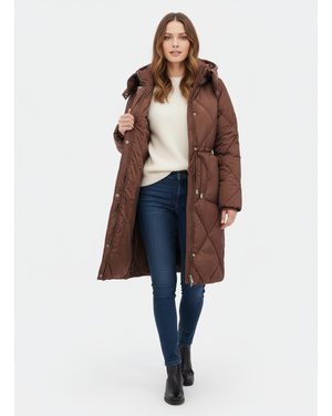 Dámska dlhá prešívaná bunda s kapucňou hnedá