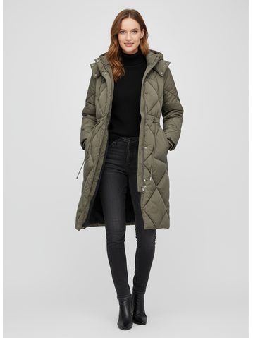 Dámska dlhá prešívaná bunda s kapucňou olivová