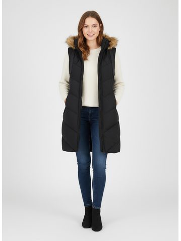 Dámska zimná vesta s kapucňou a kožušinou čierna