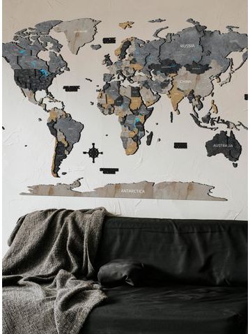 Dřevěná 3D mapa světa s efektem kamene