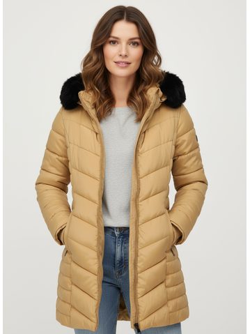 Dámska prešívaná zimná bunda s kapucňou béžová