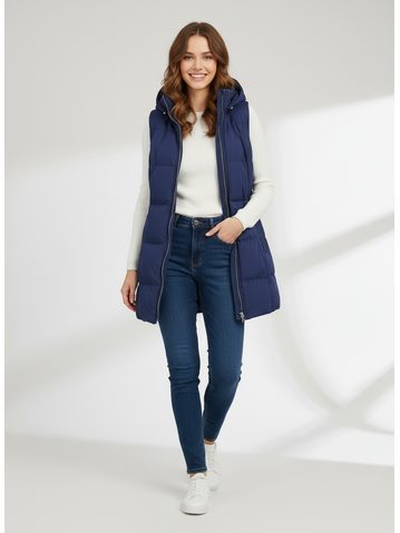Dámská prošívaná vesta s kapucí tmavě modrá
