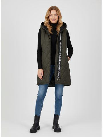 Dámska prešívaná vesta s kapucňou tmavozelená