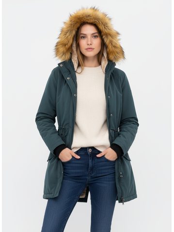 Dámská zimní bunda s kožešinou tmavě zelená
